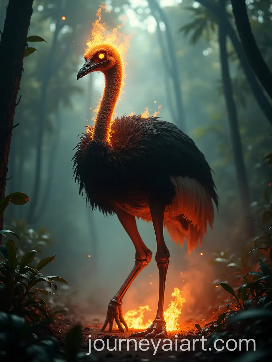 Ghost-Rider-Ostrich-Hybrid-in-Fiery-Amazon-Rainforest