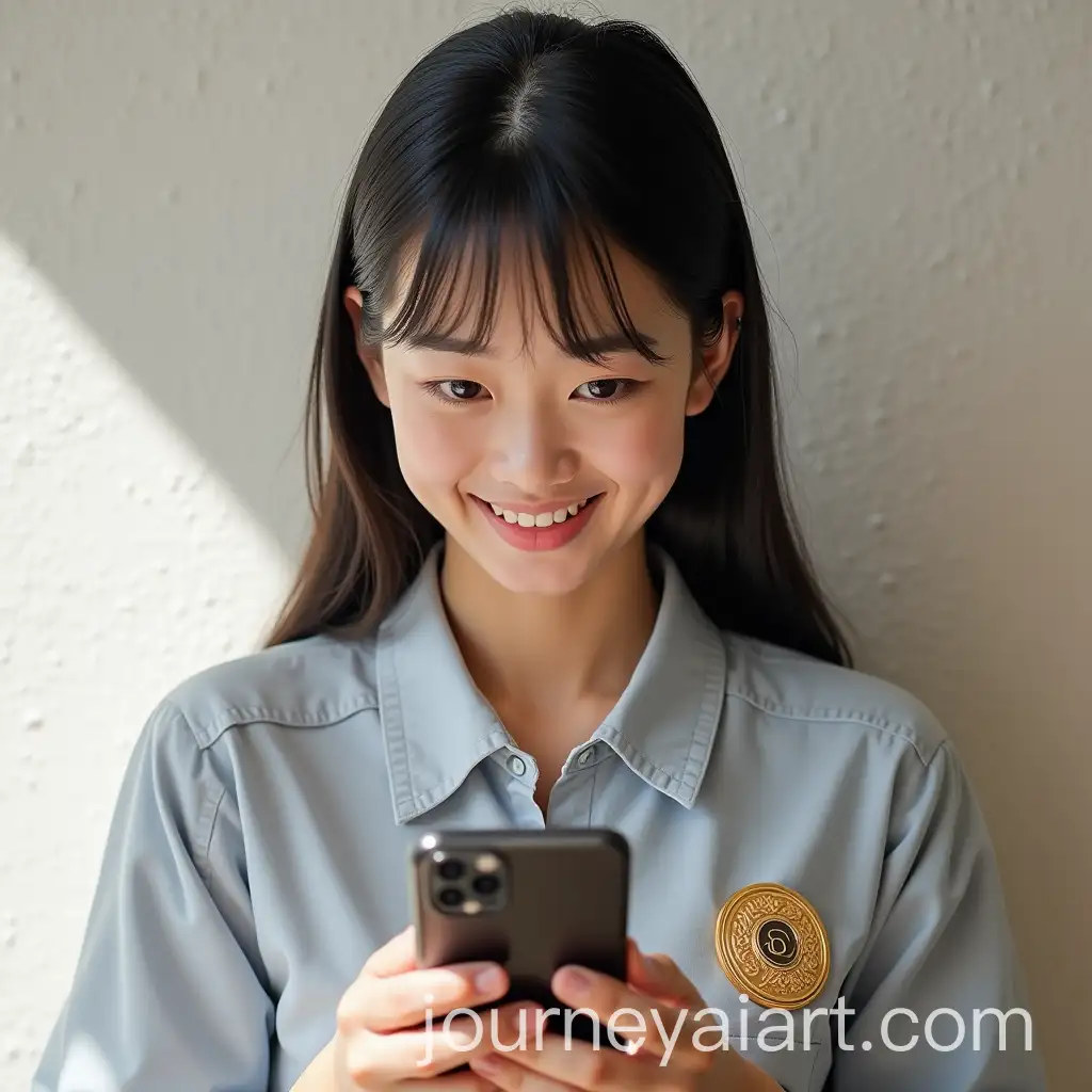 Asian-Girl-in-Shirt-with-Badge-Looking-at-Phone-Screen