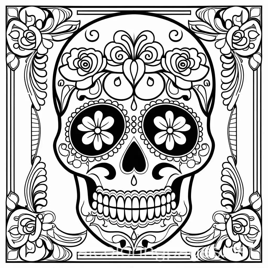 Mexican Sugar Skull (Calavera) thick lines no background, Coloring Page, black and white, line art, white background, Simplicity, Ample White Space. The background of the coloring page is plain white to make it easy for young children to color within the lines. The outlines of all the subjects are easy to distinguish, making it simple for kids to color without too much difficulty, Coloring Page, black and white, line art, white background, Simplicity, Ample White Space. The background of the coloring page is plain white to make it easy for young children to color within the lines. The outlines of all the subjects are easy to distinguish, making it simple for kids to color without too much difficulty