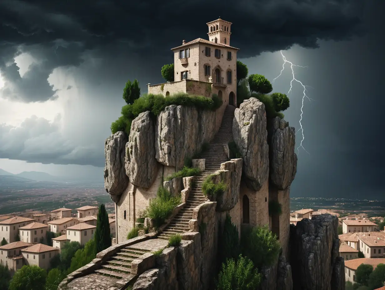 a medival villa that stands far above a medieval city on a small rock pillar during a storm