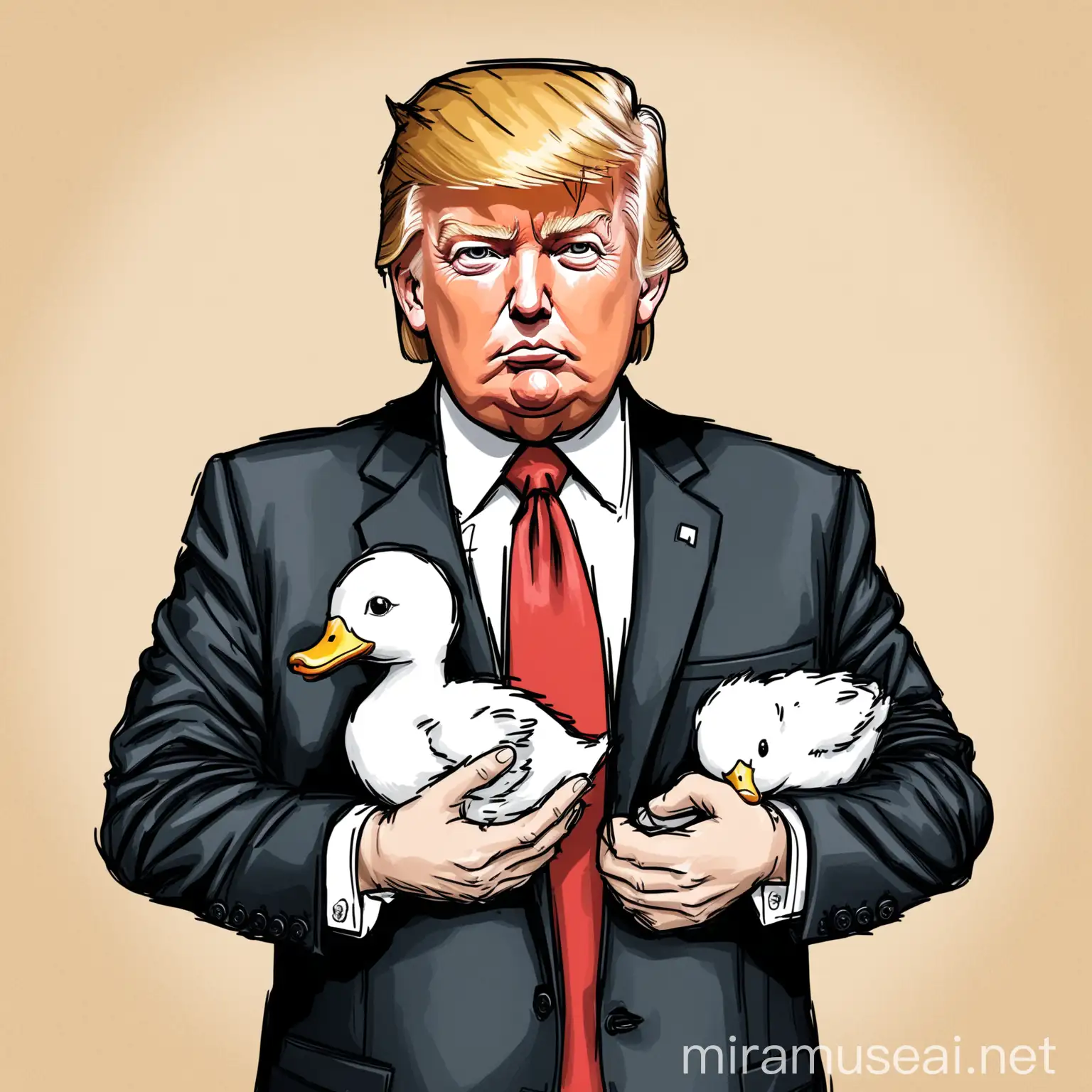 Donald Trump Holding Cat and Duck in Suit with Red Tie