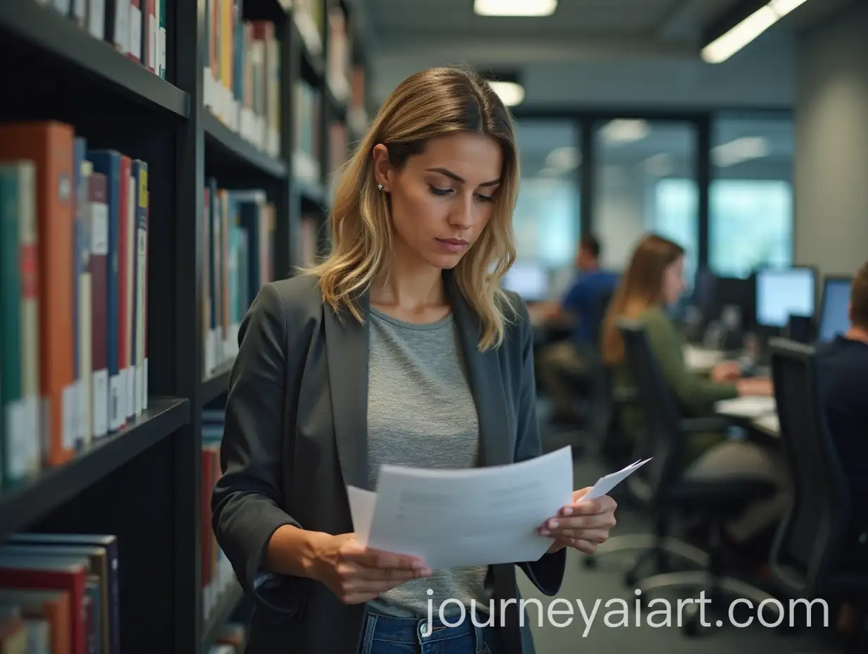 Woman-Searching-for-Document-in-Corporate-Office-Library-with-Busy-Background