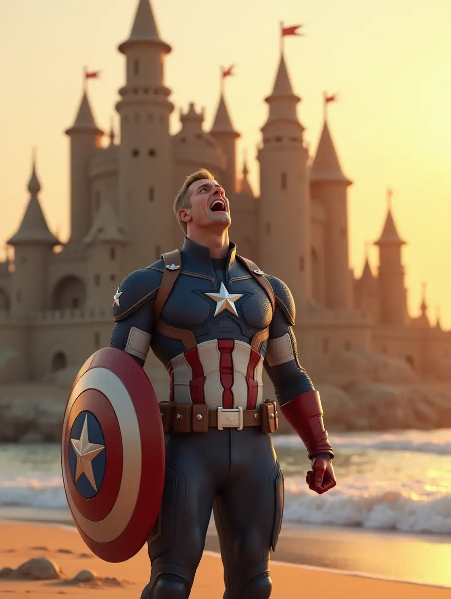 A hyper-realistic 3D render of Captain America standing on a sandy beach at sunset, in front of an enormous, intricately detailed sandcastle resembling a medieval fortress. He holds his iconic red, white, and blue shield in one hand, while his other hand is clenched into a fist. His face is tilted upward as he lets out a triumphant roar. His suit features highly detailed textures, showing realistic fabric folds, armor plating, and a subtle battle-worn appearance. The sandcastle behind him is massive, with tall towers, flags waving in the breeze, and finely crafted stone-like details sculpted in sand. The golden sunlight casts dramatic shadows, and the background features a serene ocean with gentle waves touching the shore. The scene is rendered in stunning 4K resolution, with lifelike lighting, cinematic depth of field, and intricate details on Captain America's suit, shield, and the sandcastle.