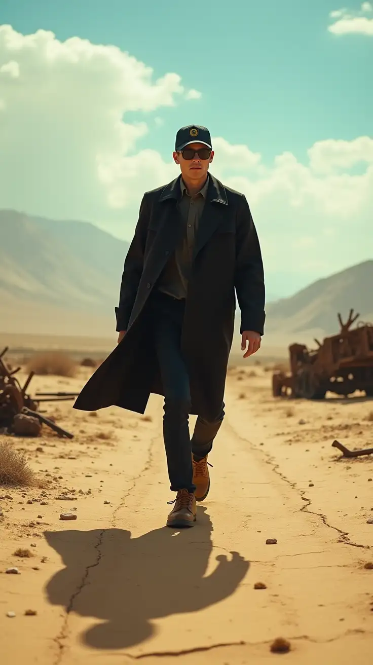 A slim 30-year-old man, dressed in a black trench coat, sunglasses, and a baseball cap, is walking through a desolate desert. The camera is placed low, near the ground, looking up at him as he strides forward with determination. His trench coat flows in the wind, and the desert sun casts long shadows across the sand. The barren landscape is dotted with crumbling metal debris and twisted wreckage. The sky is a mix of bright blue and faded orange near the horizon, creating a stark contrast with the dry, cracked earth beneath his feet.