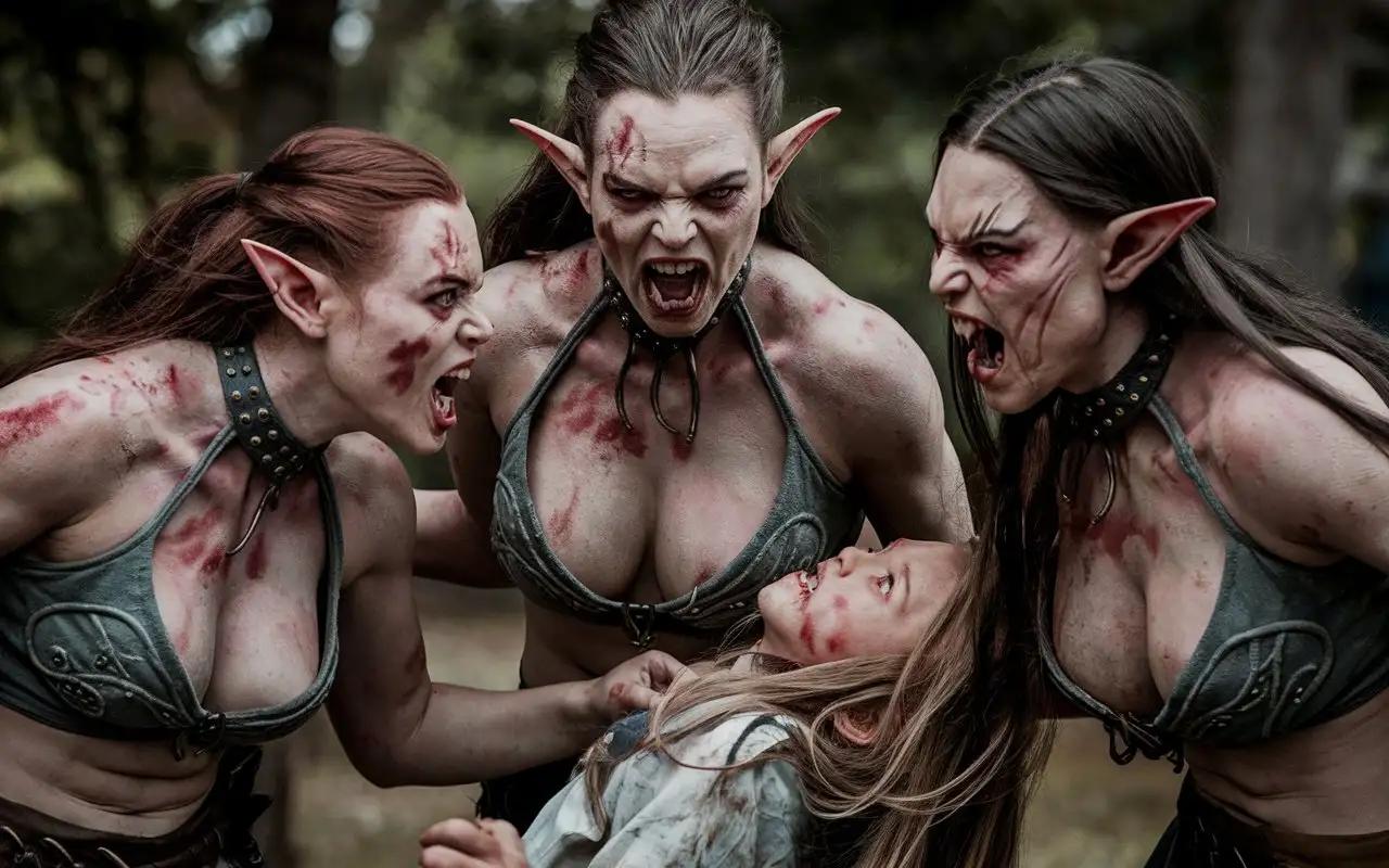 Three-Beautiful-Orc-Female-Hunters-Attacking-a-Girl-in-Cinematic-Scene