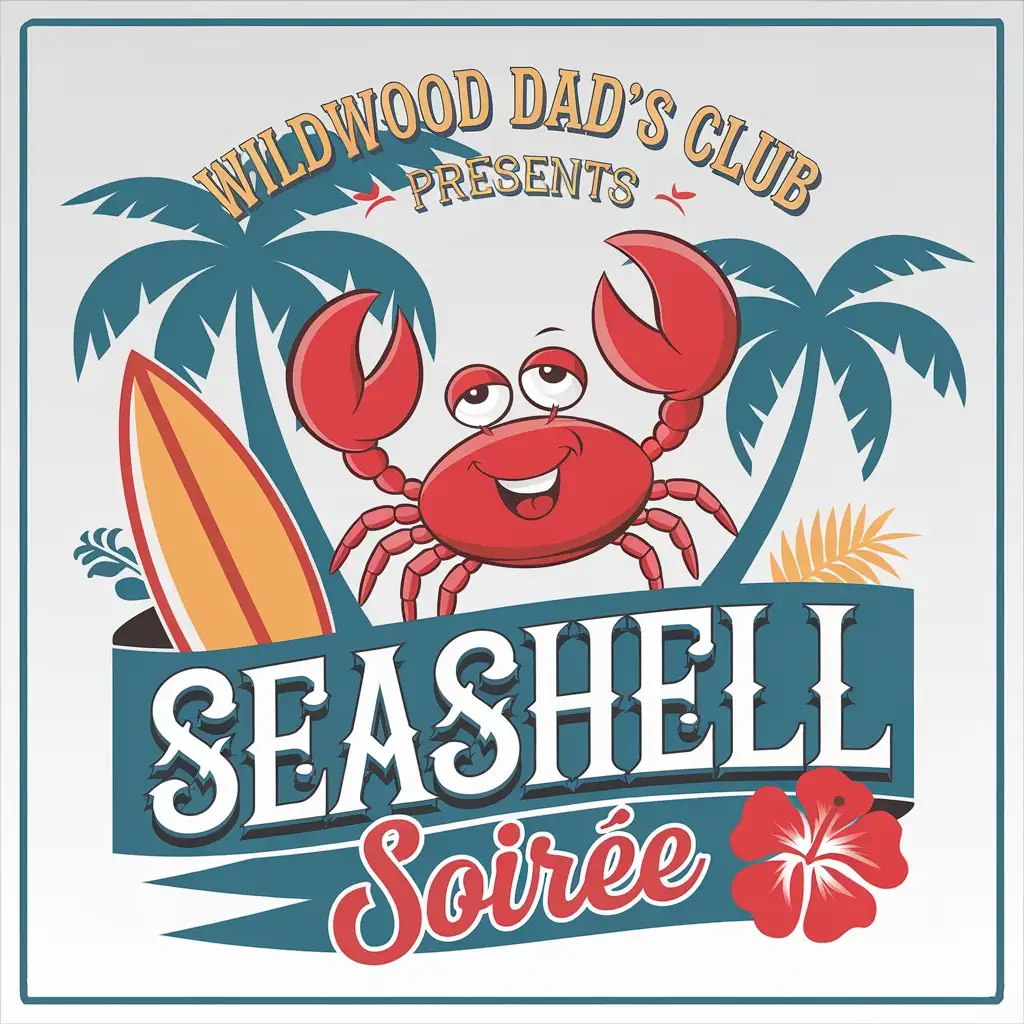 LOGO Design for Wildwood Dads Club Presents Seashell Soire Cartoon Red Crab Palm Trees Surfboard Hawaiian Theme