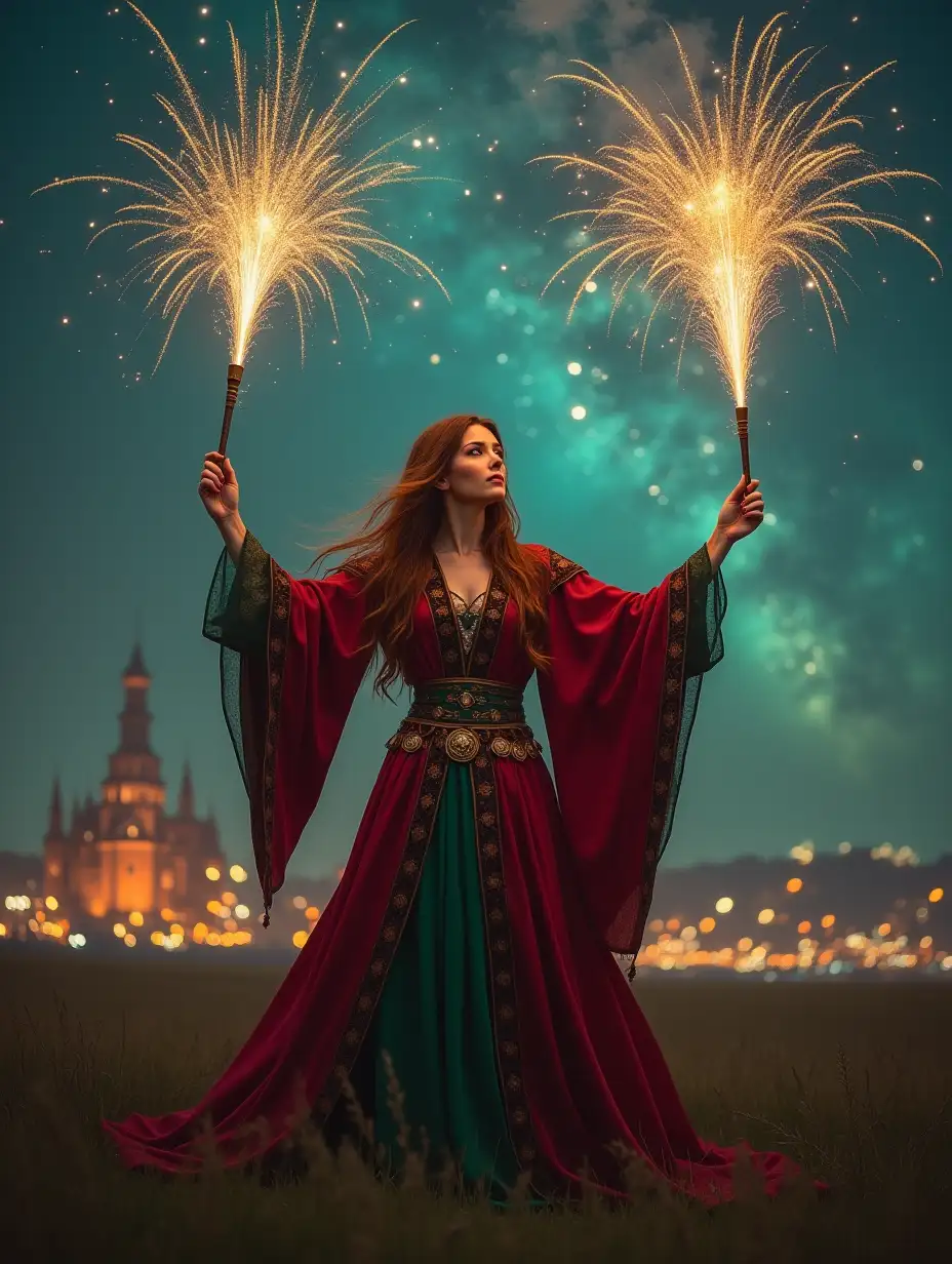 A beautiful gorgeous sorceress stands in a open field at night in the background is a fantasy city she is wearing red and green fantasy robes with magical symbols on it she raises her both arms to conjuring fireworks from her hands into the sky and the sky is filled with fireworks