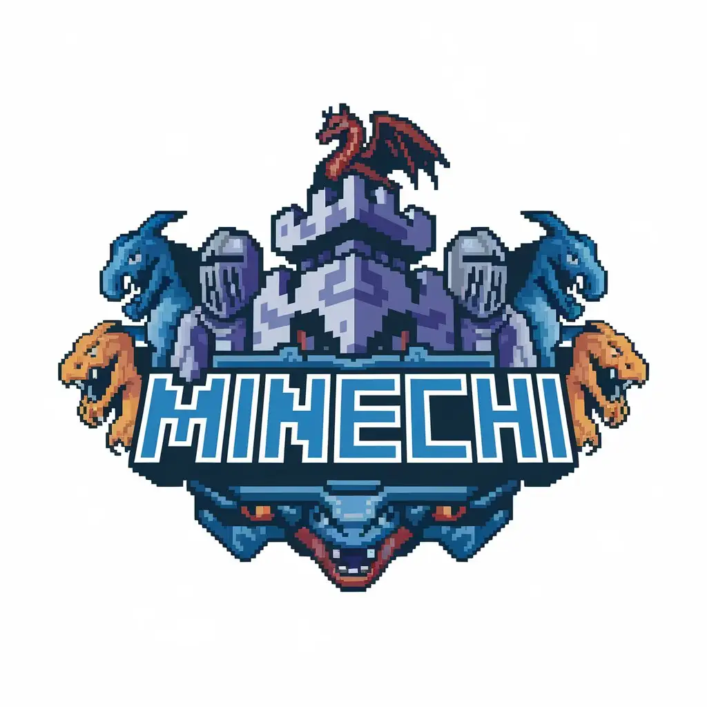 LOGO Design for Minechi MinecraftInspired Pixel Art with Knights and Dragons Theme