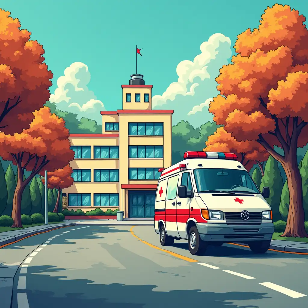 Background in pop art style ambulance near hospital with trees