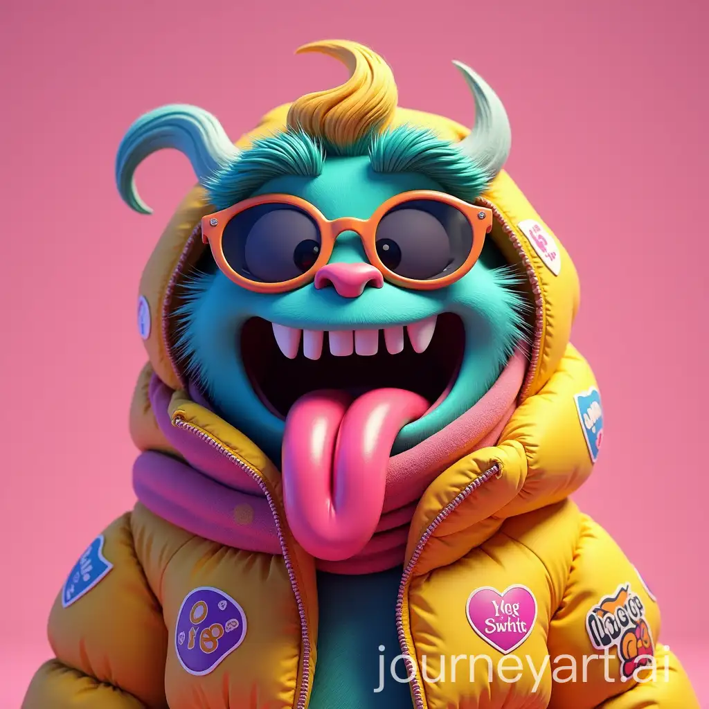 3D-NFT-Smiling-Crazy-Monster-Character-in-Puffy-Jacket-with-Stickers-and-Sunglasses