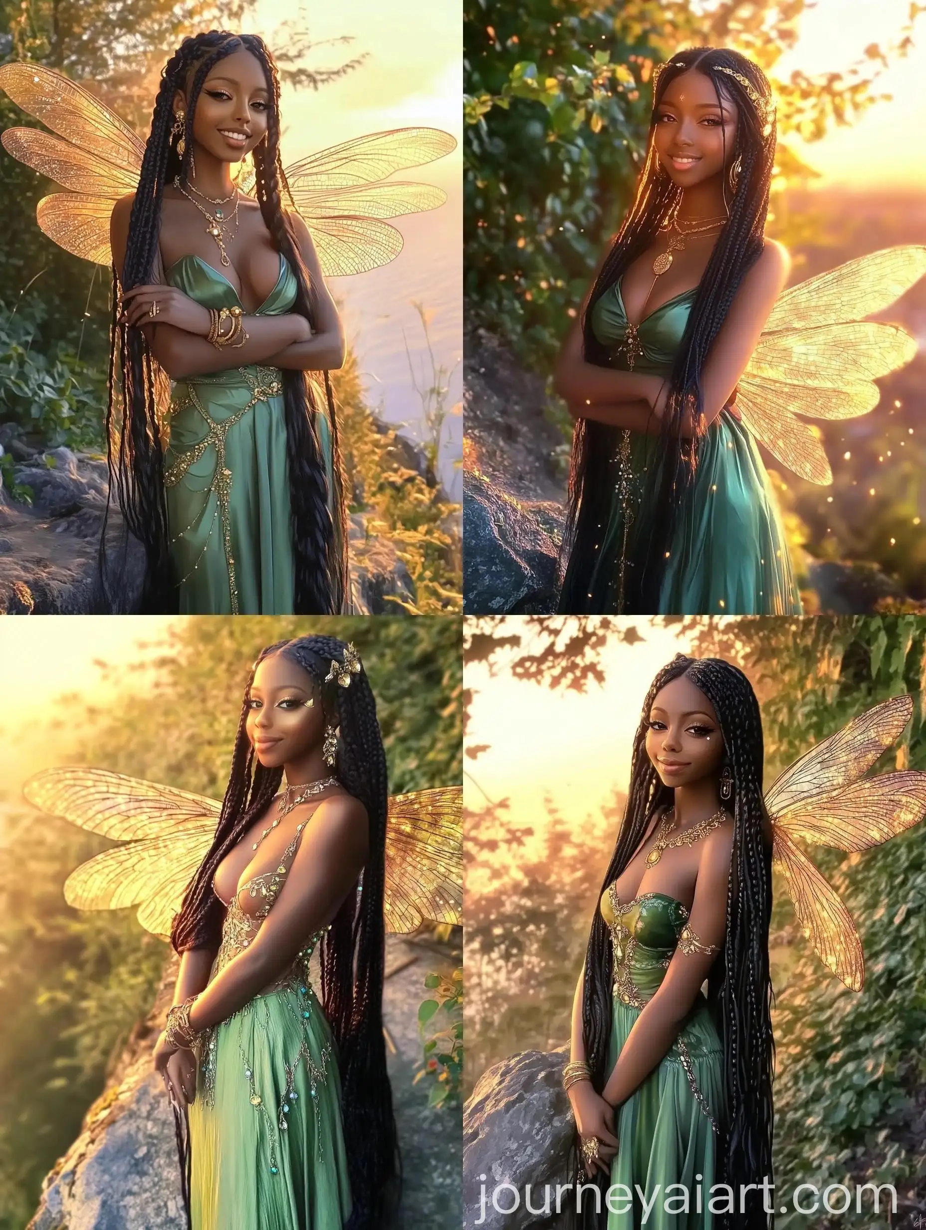 Ethereal-Black-Fairy-Standing-on-Cliff-at-Dawn