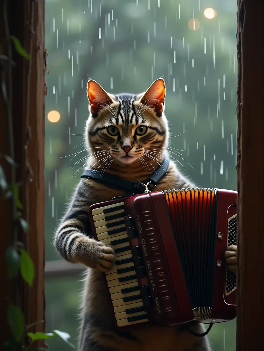 a cat that plays the accordion while it's raining outside