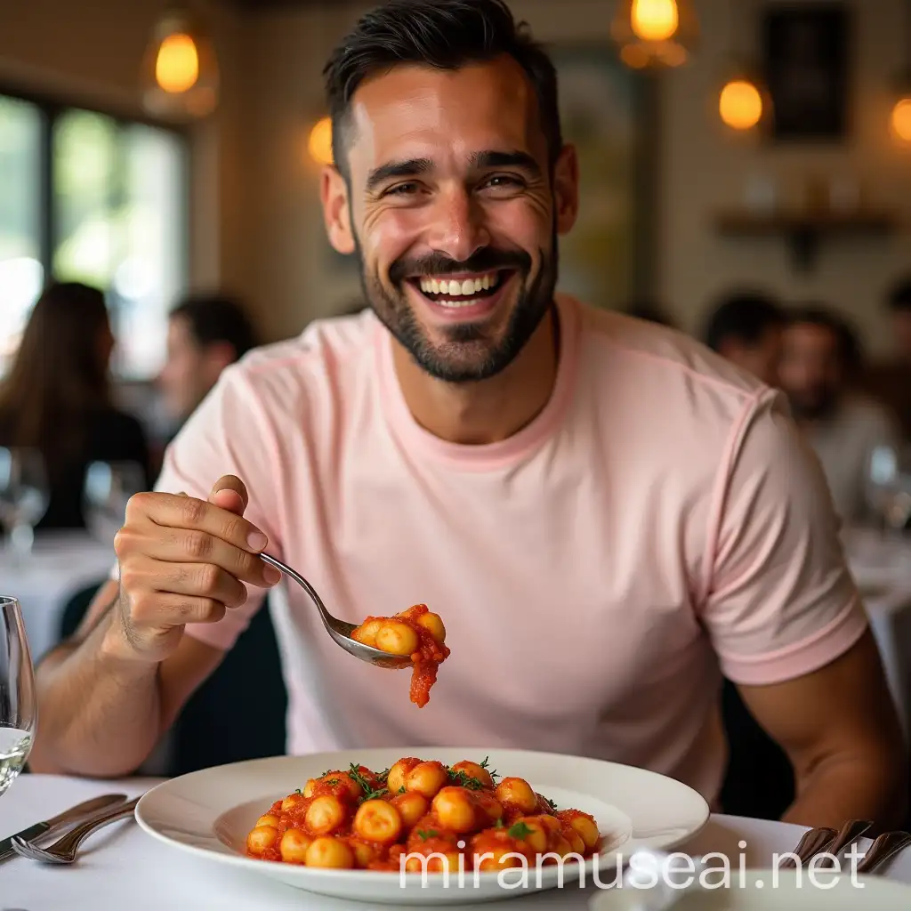 Excited Man Eating Gnocchi in Restaurant with Clients