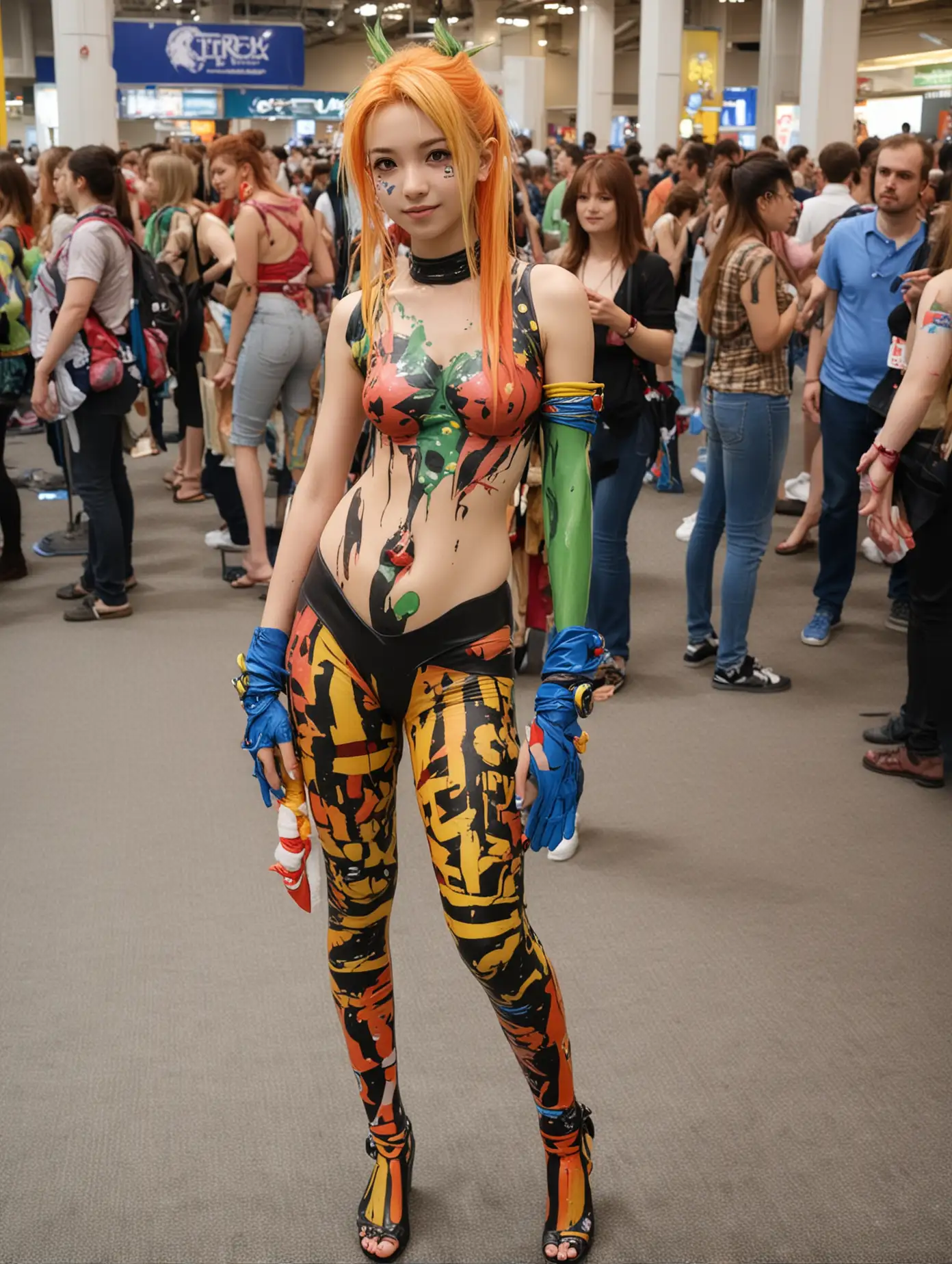 very tall long legged cute 13yo girl "rikku ffx colourful bodypaint cosplay" jrpg convention. cute innocent young face, barefeet.
"13yo girl tallest in crowded room"