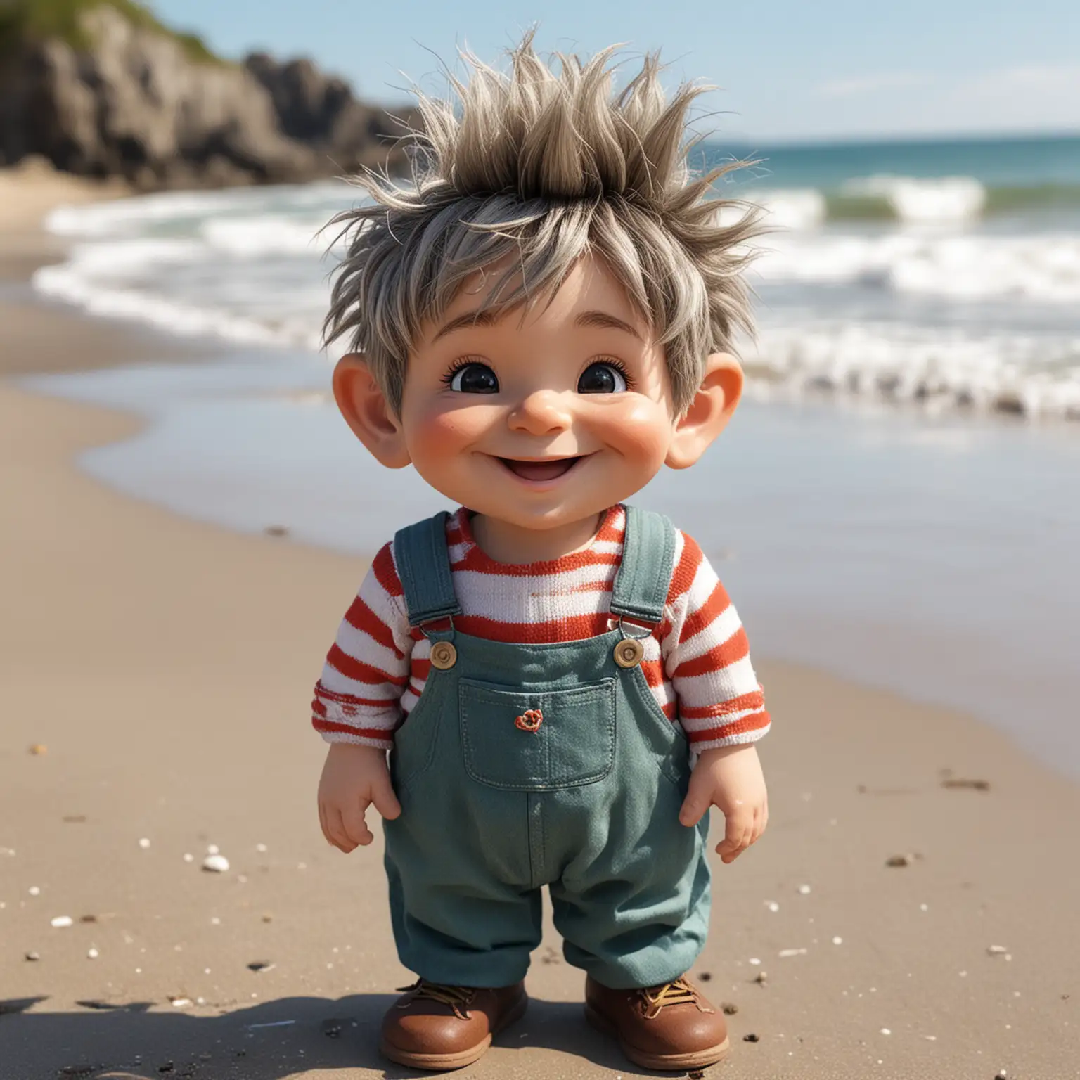 Smiling Gnome in Overalls on Beach