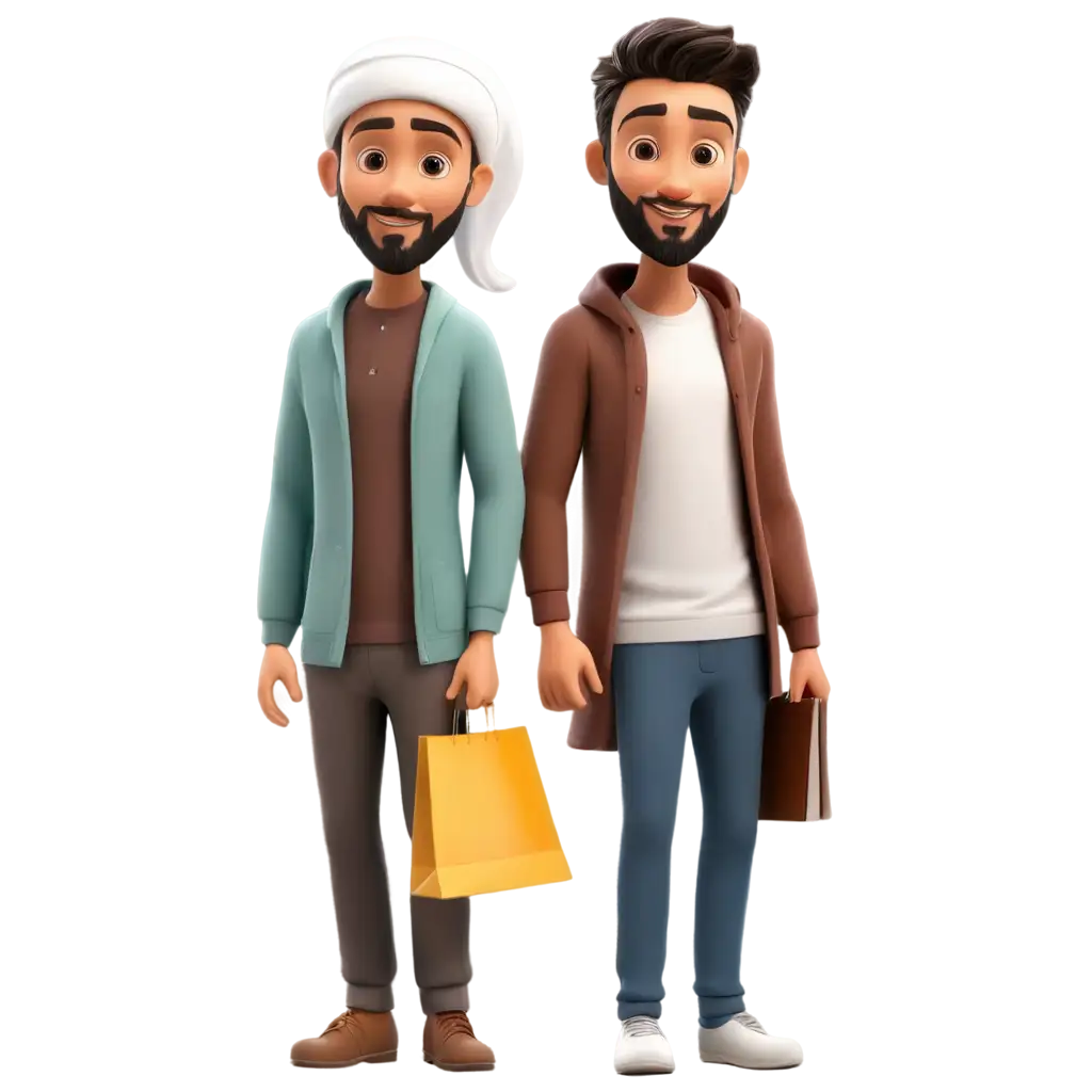 PNG-Image-of-Two-Muslim-Men-Shopping-in-Cartoon-Style-HighQuality-Visual-for-Digital-Use