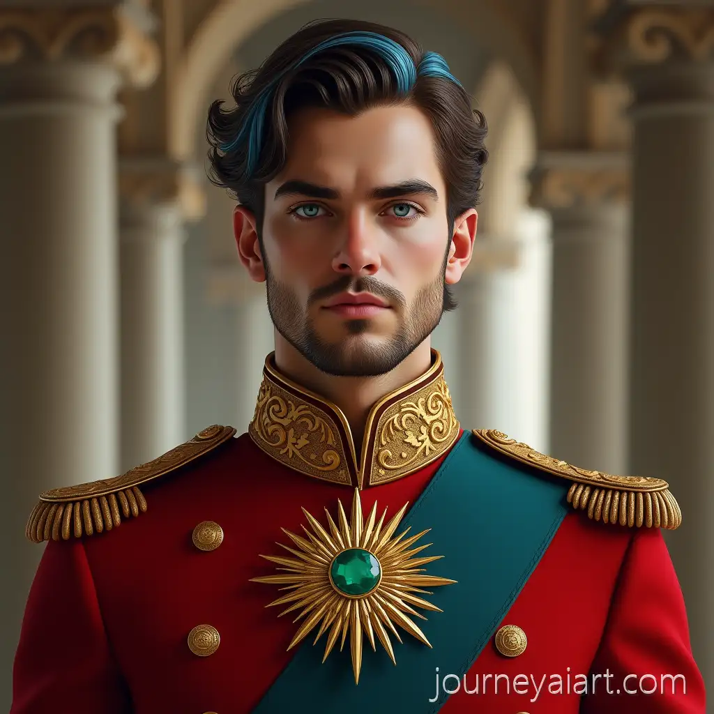Young-Man-in-Military-Uniform-with-Blue-Eyes-and-Golden-Medal-in-Regal-Palace-Setting