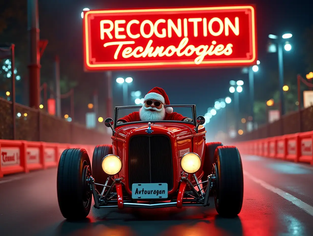 Situation: 50's style race track. One character, looks like Santa Claus, with sunglasses, in a red Ford Hot Rod. License plate 'Avtouragan'. Background: Christmas theme, and at the top is a rectangle of neon lights, inside which is a calligraphic text sign 'RECOGNITION TECHNOLOGIES'. Intricate, detailed, thin filigree letters. The letters are made of bronze parts. The parts are thin delicate fragments.