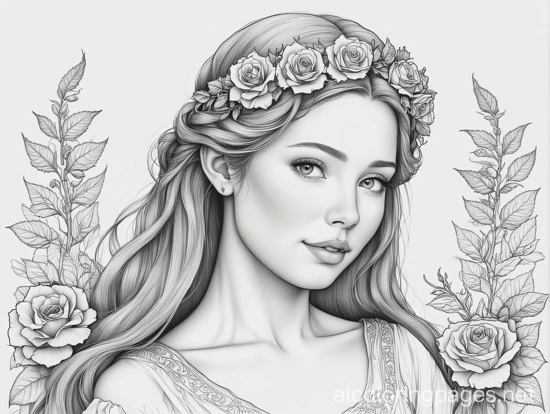 Arwen-Surrounded-by-Roses-A-Simple-Coloring-Page-for-Kids