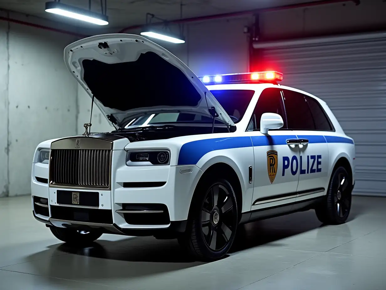 A very detailed and realistic photo of a modern Russian police car with an open hood showing the engine. There should be a red and blue flashing light on the roof of the car. The car must be white with a blue stripe. the make of the car must be Rolls-Royce Cullinan. The car is parked in a well-lit garage with concrete walls and a metal door. The scene should look like a real photograph, with precise details and lighting.