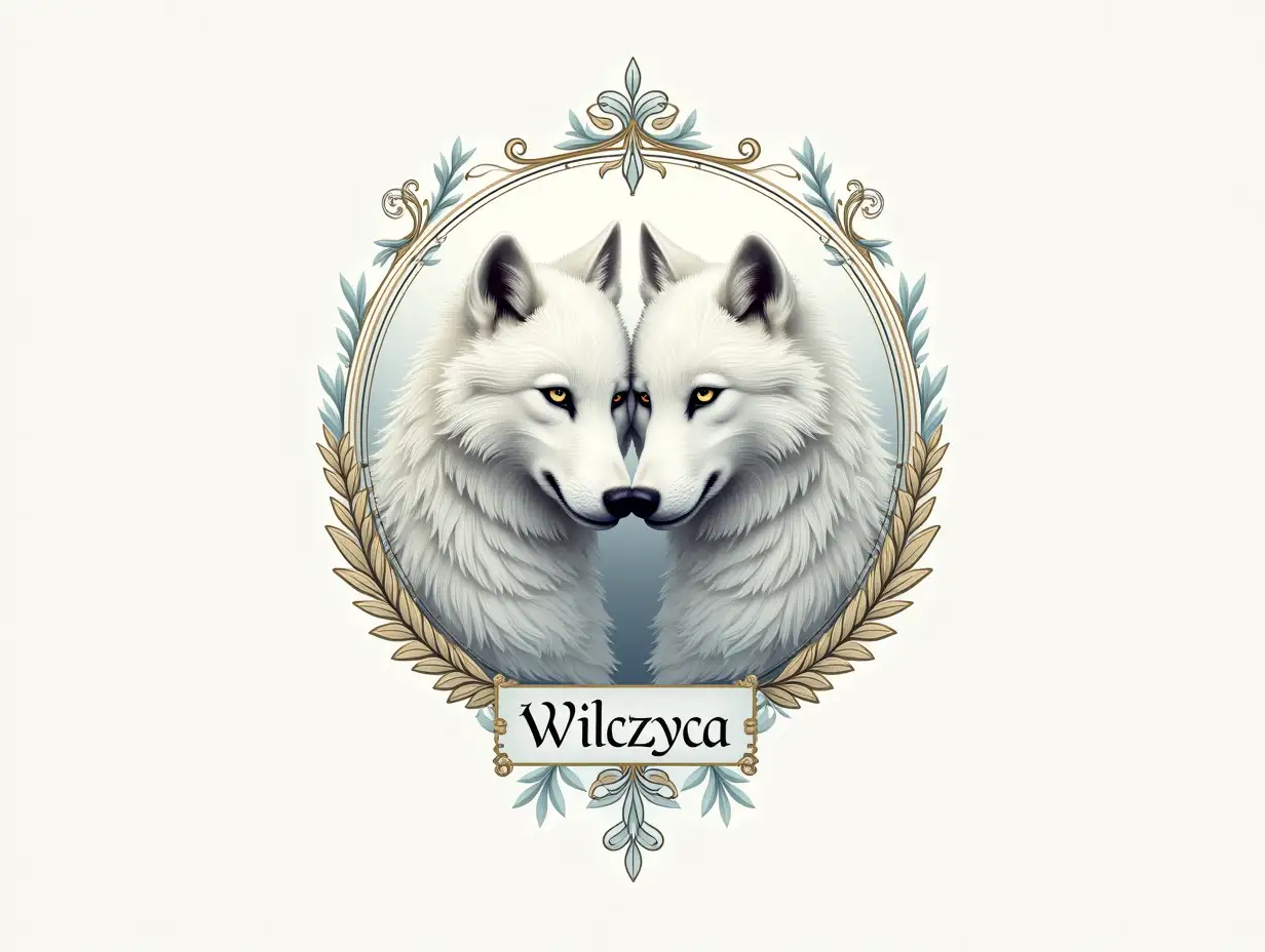 Realistic logo depicting two white wolves in a close, gentle gesture, their fur is detailed, soft and shiny. The wolves are surrounded by a subtle, decorative frame with elements of gold and blue, giving elegance and a mystical character. In the center of the composition, the inscription 'Wilczyca' is exposed in a stylish but legible font, harmonizing with the whole. The background is subtle, not overwhelming, emphasizing the realistic detail of the fur and the depth of the wolves' gazes.