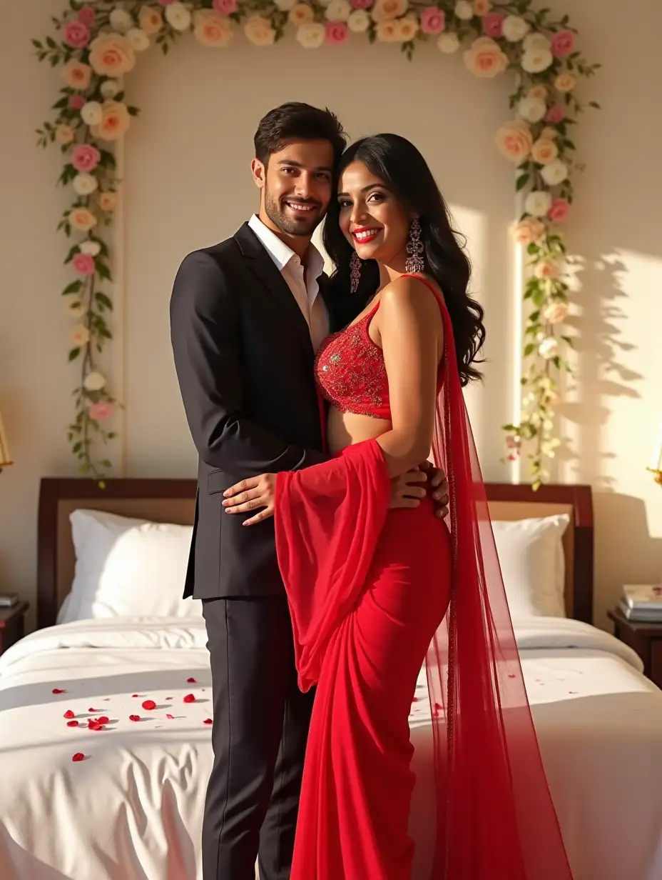 A stunning full-body Indian girl standing in a romantic embrace, smiling warmly. She has a curvier figure with a cute, beautiful long round face and is wearing a half saree of red color. She wears a Party Wear Heavy Georgette Embroidery Work saree of net material. Saree has Beautiful Sequence Embroidery Work With Lace Border, Semi Stitched. She is wearing a sleeveless, deep v neck short blouse showing cleavage, navel, and waist. Bra has small cups enhancing the stylish modern western look. She has white skin tone. She is little fuller. She has beautiful figure and Stunning looks. She has beautiful pink lips. Both looking at front. She has heel in her legs. She is looking sizzling and Stunning. She has black and straight hairs, some hair coming on her cheek. The man is dressed in a well-fitted, stylish dark suit standing behind her and also has a fair white skin tone. He is handsome and charming. Both looking straight at camera on front side. The background features a beautifully decorated bedroom with flowers, rose petals on white bedsheet. Bright sunlight coming in bedroom which brighten up the room. Focus more on couple than background. Make 1080p resolution image. 