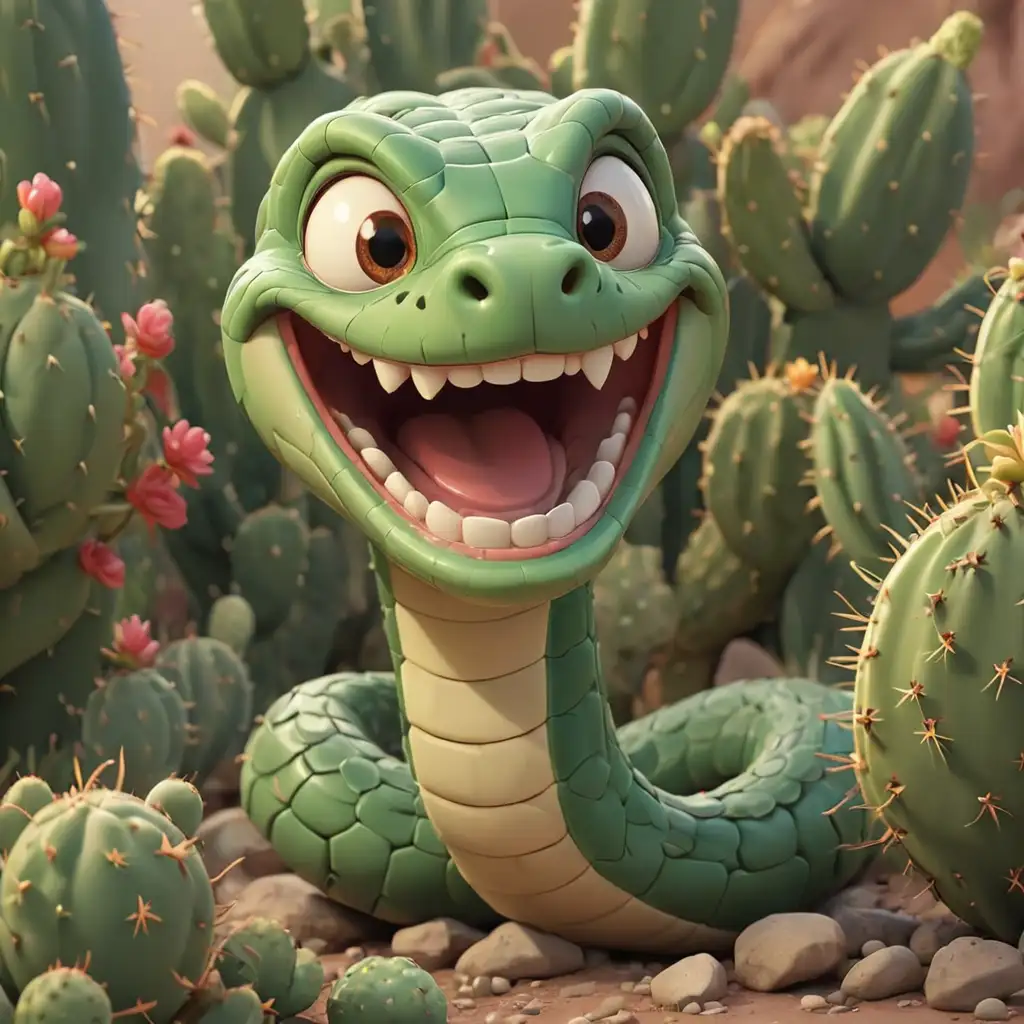 Cheerful Cartoon Snake with Cacti in a Playful Scene