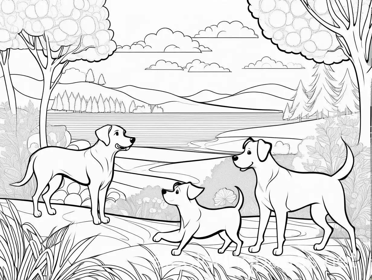 Animated-Dogs-Playfully-Frolicking-Outdoors-Coloring-Book-Illustration