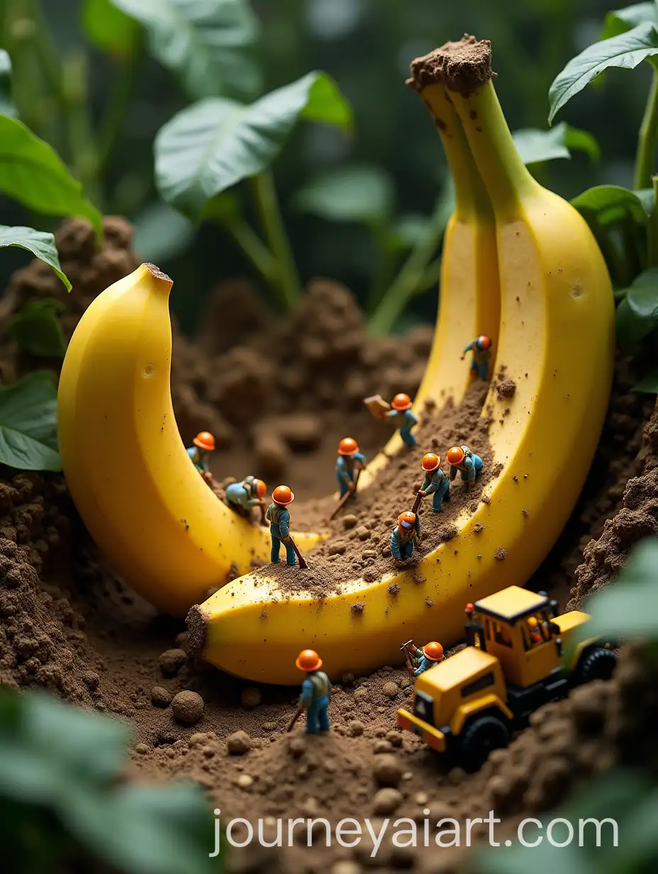 Miniature-Construction-Workers-Excavating-Giant-Banana-in-Lush-Jungle-Diorama