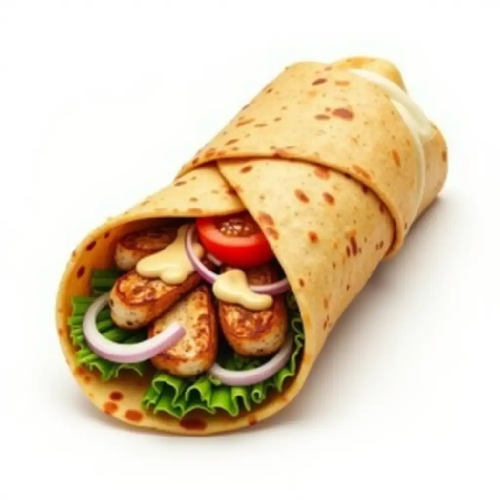 A realistic shawarma wrap with a perfectly toasted golden-brown tortilla, stuffed generously with juicy grilled chicken, fresh lettuce, sliced tomatoes, thinly cut onions, and creamy garlic sauce. The filling should appear fresh and slightly visible at the open end of the wrap. The shawarma should be positioned upright or slightly angled, with no background, ideal for food menu designs or website use