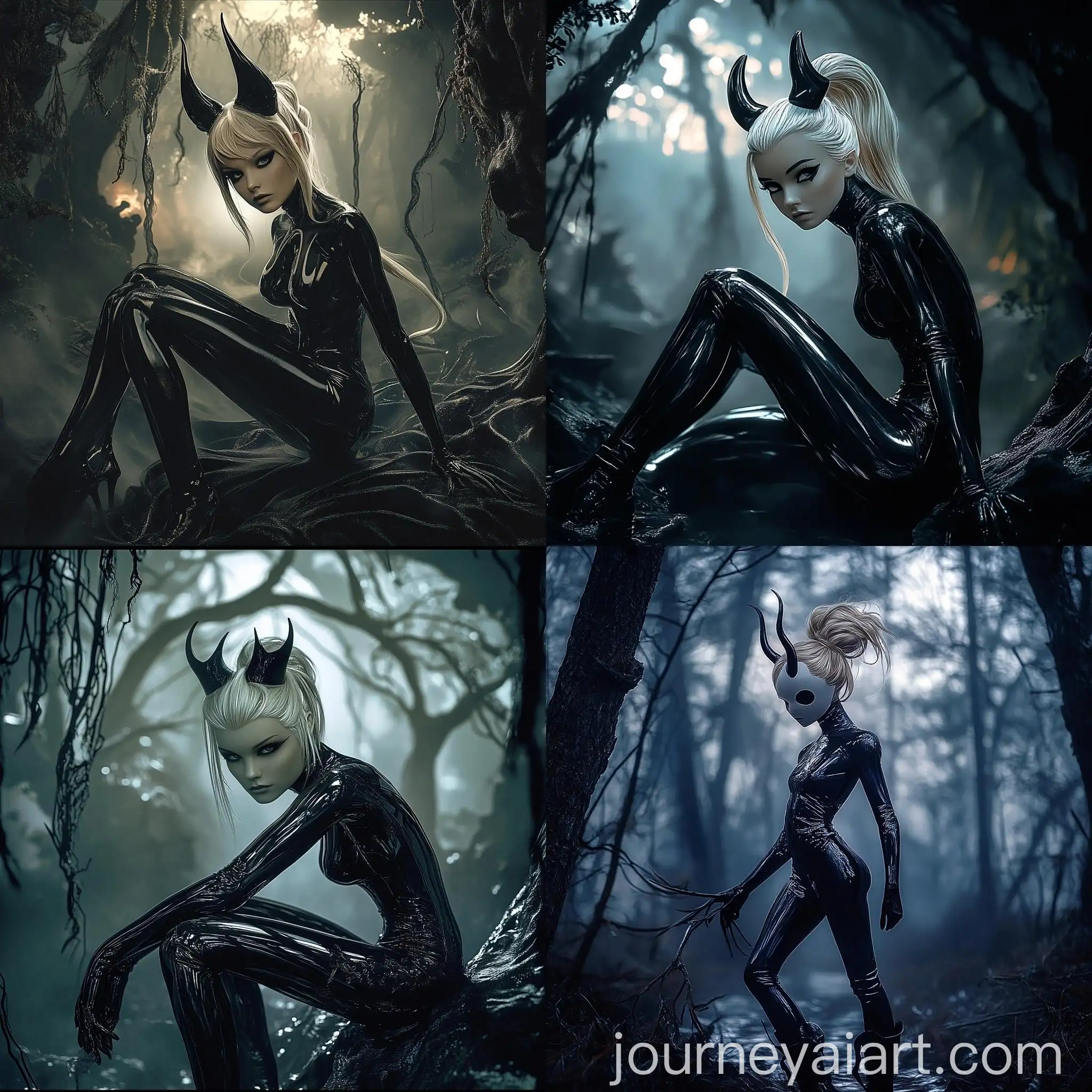 Intense-Blonde-Woman-in-Metallic-Black-Latex-Suit-in-Misty-Forest