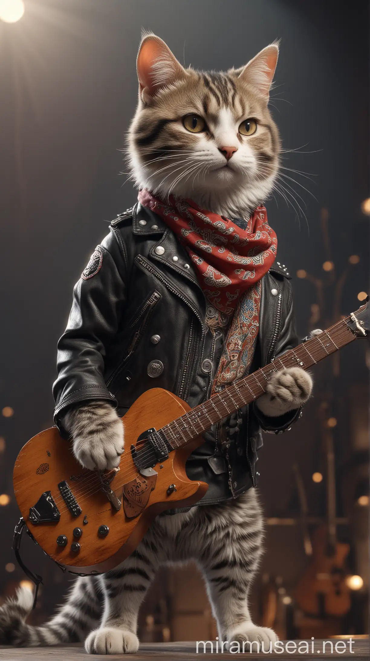 Extremely ultra-realistic photorealistic 3D, professional photography, natural lighting, volumetric lighting, maximalist photo illustration, detailed, elegant 8K resolution. A cat in a bandana and leather jacket plays guitar on stage