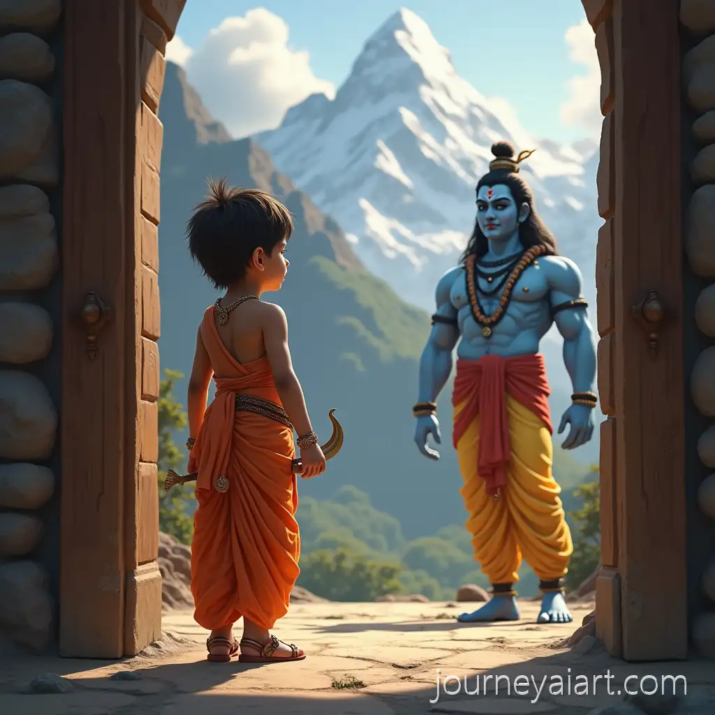 Toddler-Boy-in-Indian-Traditional-Wear-Holding-Trishul-Guarding-at-Door-with-Lord-Shiva-in-Himalayas