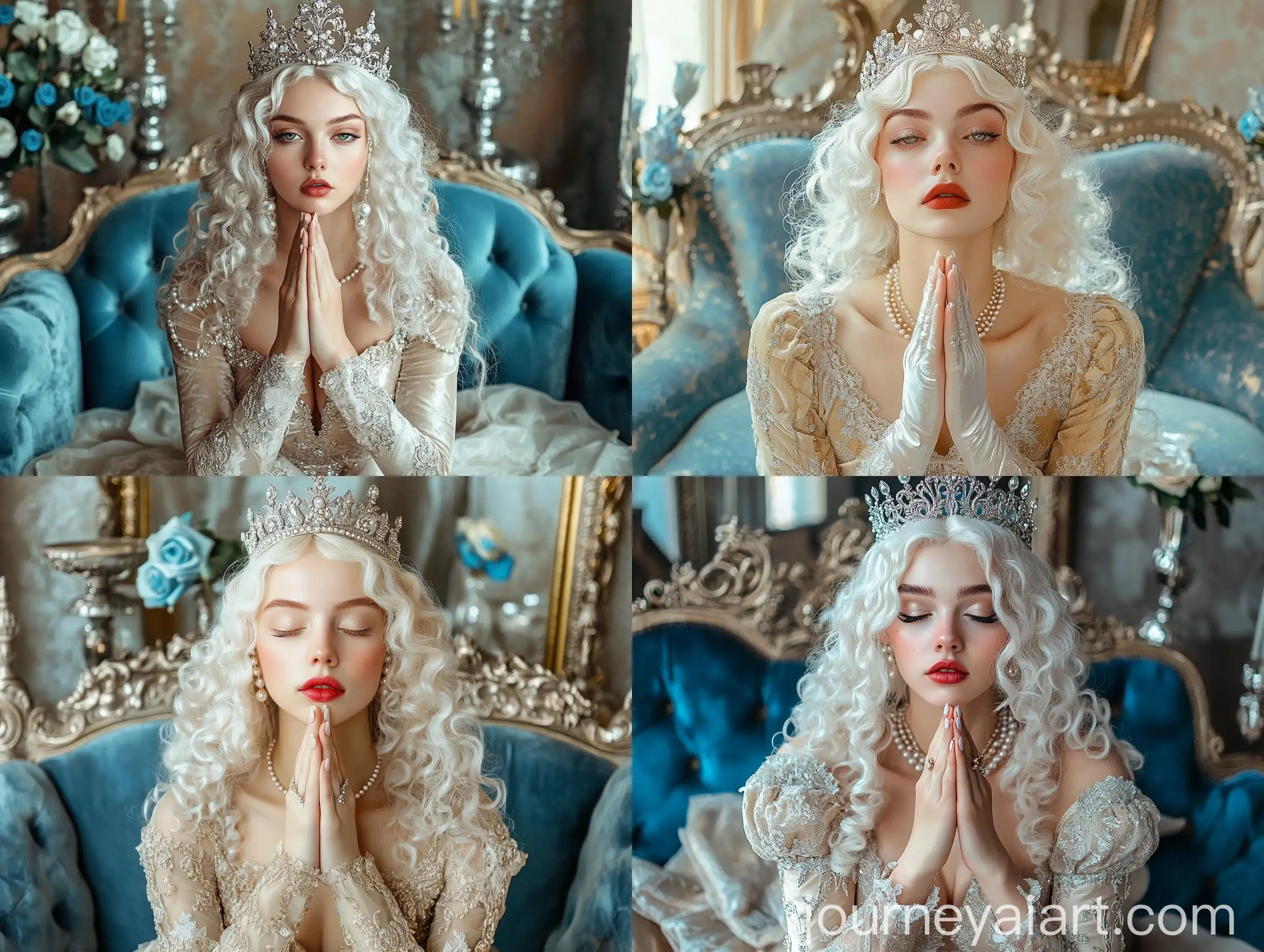 Medieval-Style-Woman-in-Velvet-Dress-Praying-with-Silver-Crown-and-Roses