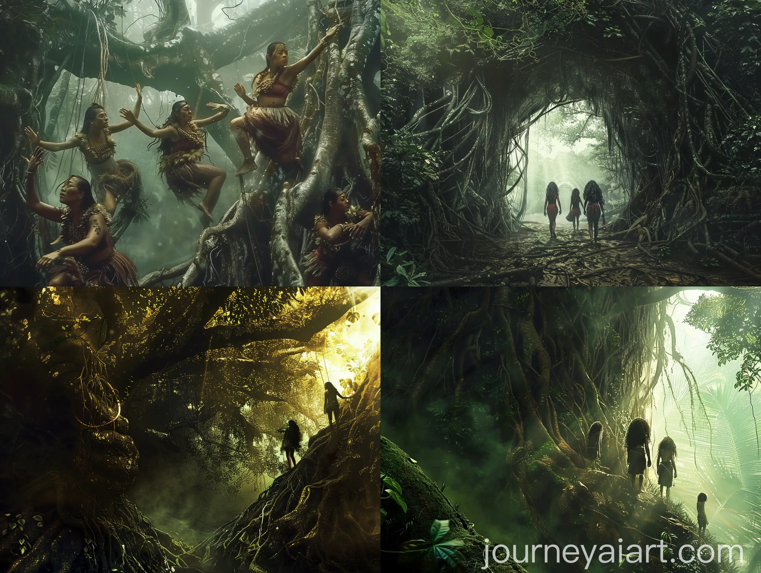 Maori-Women-Descending-into-the-Underworld-Mythical-Journey-Through-Tropical-Tree-Roots