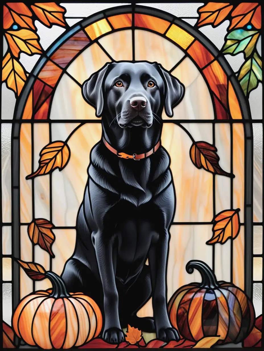 Black Labrador Retriever Dog with Pumpkin and Fall Leaves in Stained Glass Design