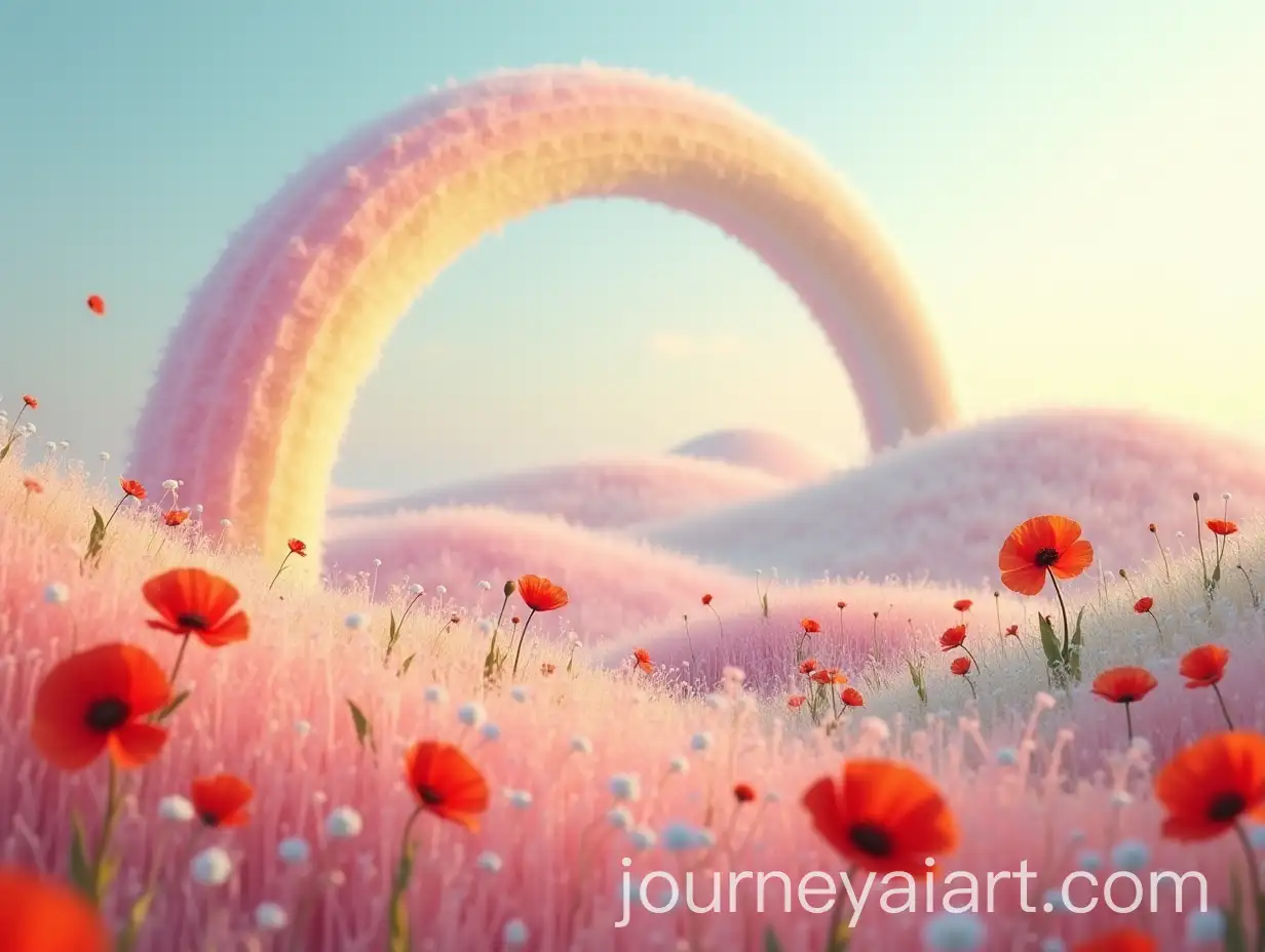 Whimsical-Y2K-Aesthetic-of-Red-Poppy-Flower-Under-Pastel-Rainbow-Arch