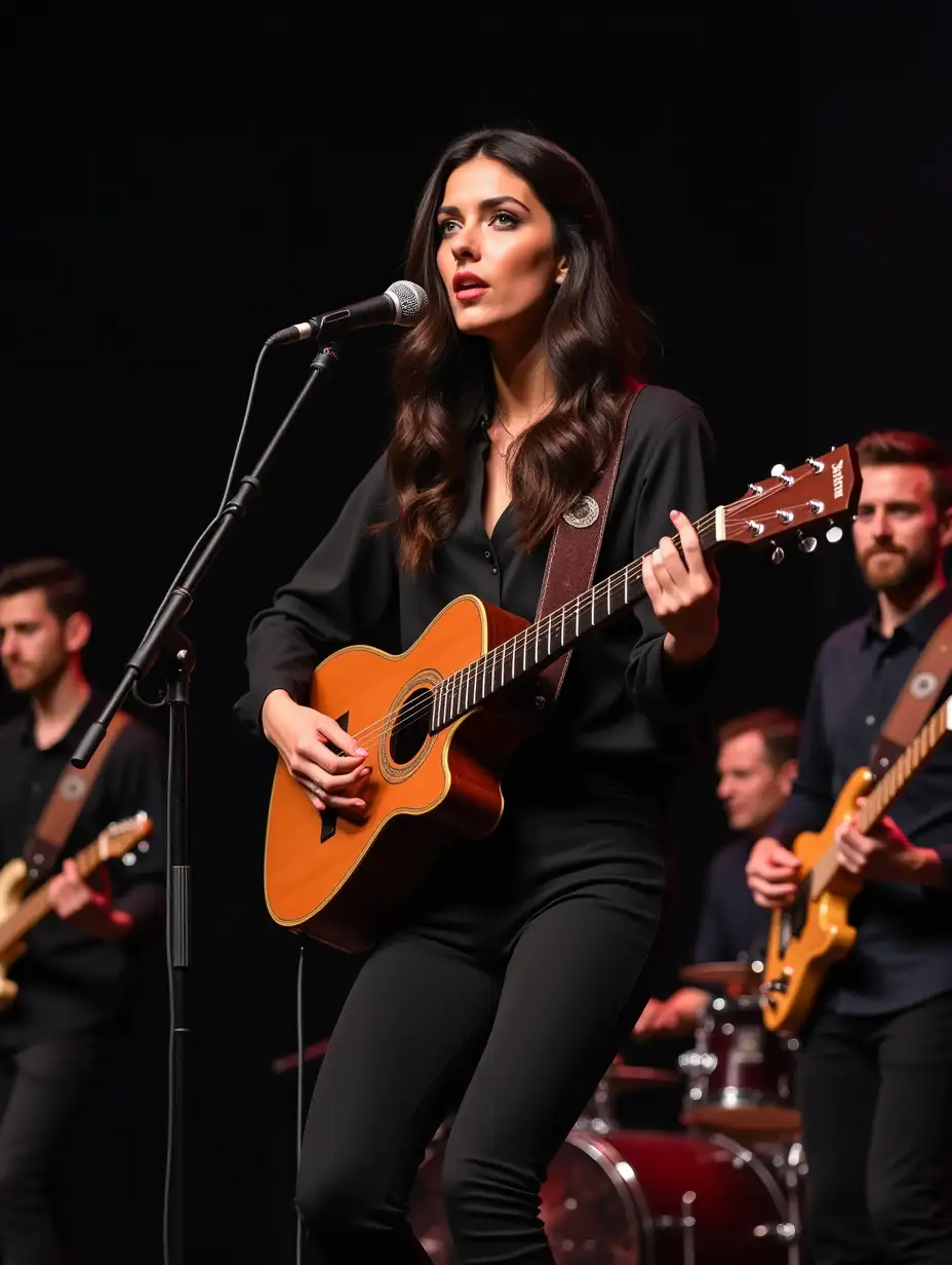 Musical group on stage with a guitarist, a bassist, a drummer and a very pretty dark-haired singer with green eyes