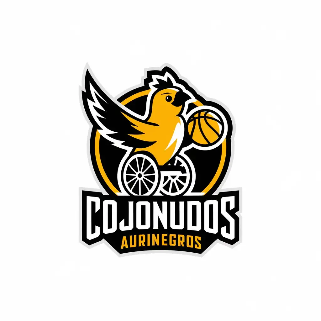 LOGO-Design-for-Cojonudos-Aurinegros-Dynamic-Canine-Basketball-Canary-in-Wheelchair-with-Black-and-Yellow