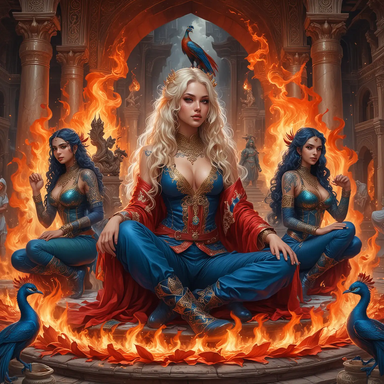 Majestic Adolescent Goddess Sorceresses Surrounded by Fiery Dragons