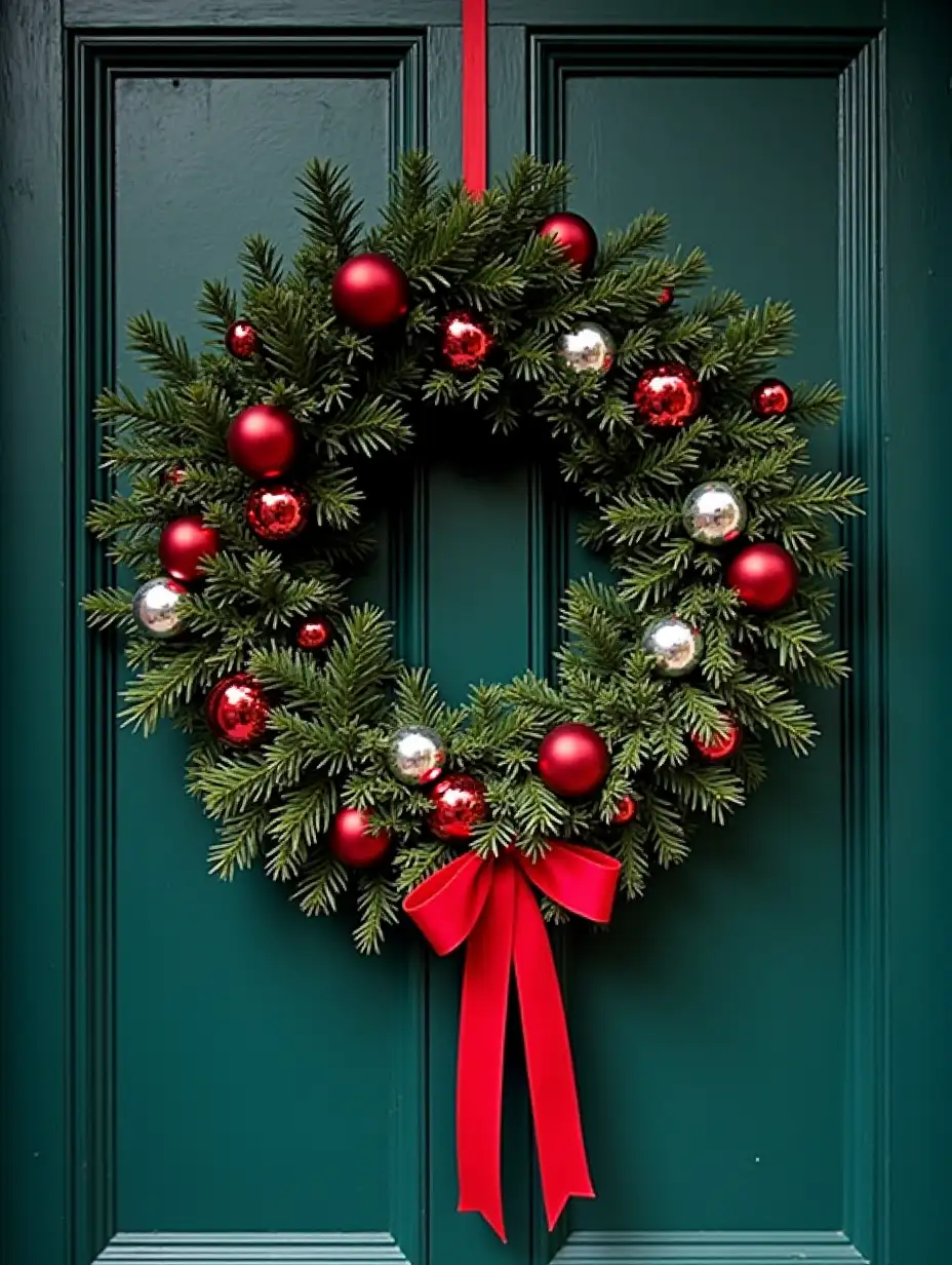 A Christmas wreath with red and silver ornaments hanging on a vintage door, festive decorations for the holiday season. The vintage green wooden front door has a dark blue paint, creating a festive atmosphere. A red ribbon is tied in a bow shape, a traditional Christmas decoration.