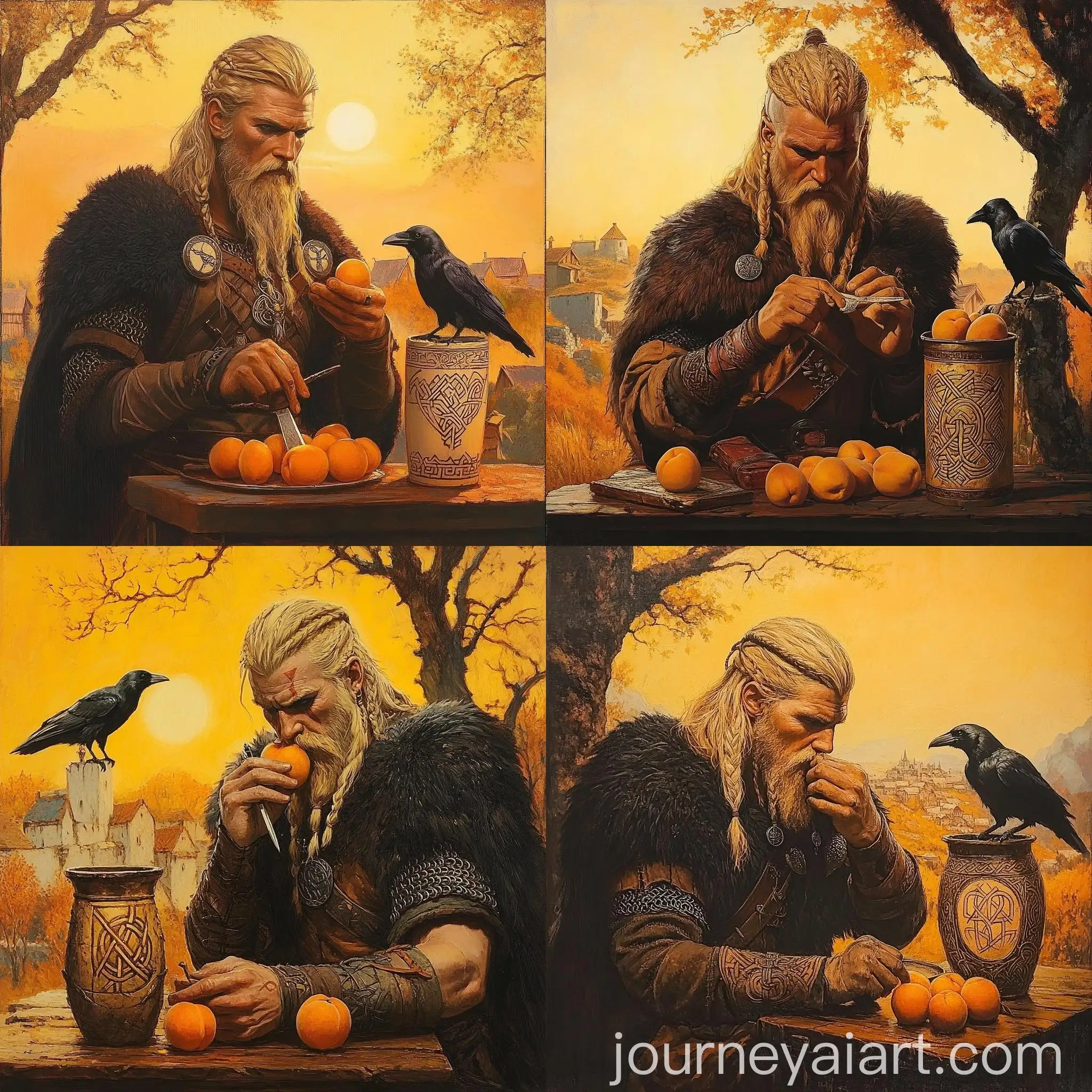 Viking-Male-Cutting-Peaches-with-Engraved-Vase-and-Raven-in-Village-Sunset-Scene