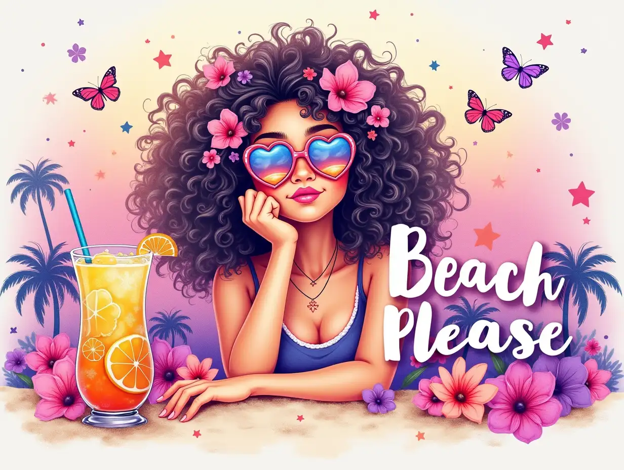 Watercolor art, vintage, vector, seamless. A vibrant and colorful digital illustration featuring a young woman with voluminous, curly hair adorned with flowers, wearing stylish heart-shaped sunglasses reflecting a sunset. She rests her chin on her hand, surrounded by a lush arrangement of pink and purple flowers, fluttering butterflies, and sparkling stars. The background is softly gradiented with pastel hues, enhancing the dreamy atmosphere. In the foreground, a tropical drink garnished with a lemon slice and a flower sits next to her, resting on sandy textures. Bold, playful text reads 'BEACH PLEASE' in a whimsical font, adorned with palm trees, evoking a lively summer beach vibe. The scene captures a blend of hyperrealistic and illustrative aesthetics, creating a warm, inviting, and carefree essence.