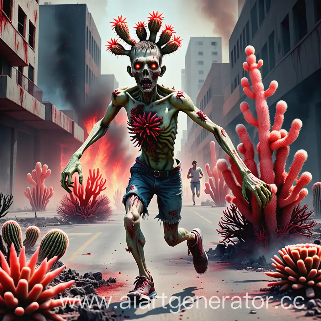 Running-Zombie-with-Coral-Cacti-in-Burning-City-Realistic-Horror-Art-4K