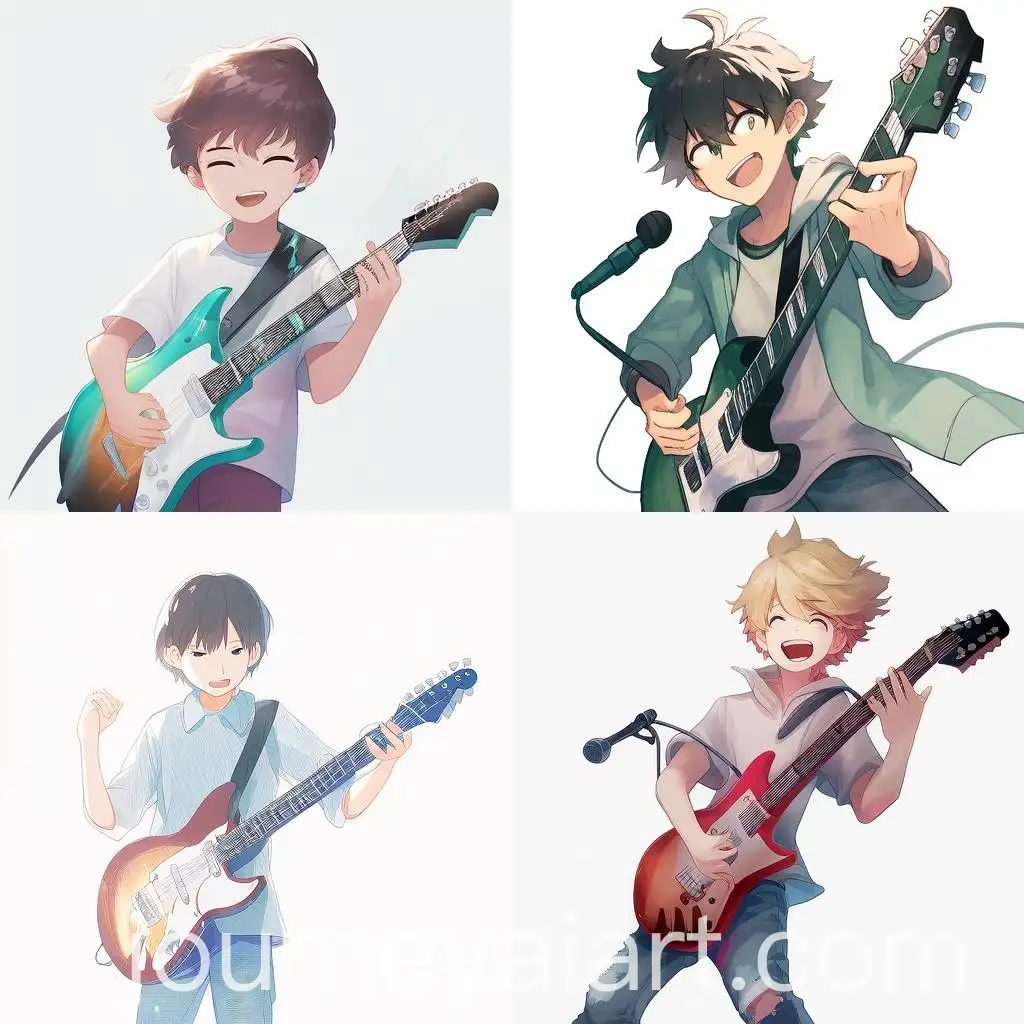 Happy-Boy-Pretending-to-Play-Electric-Guitar-on-White-Background