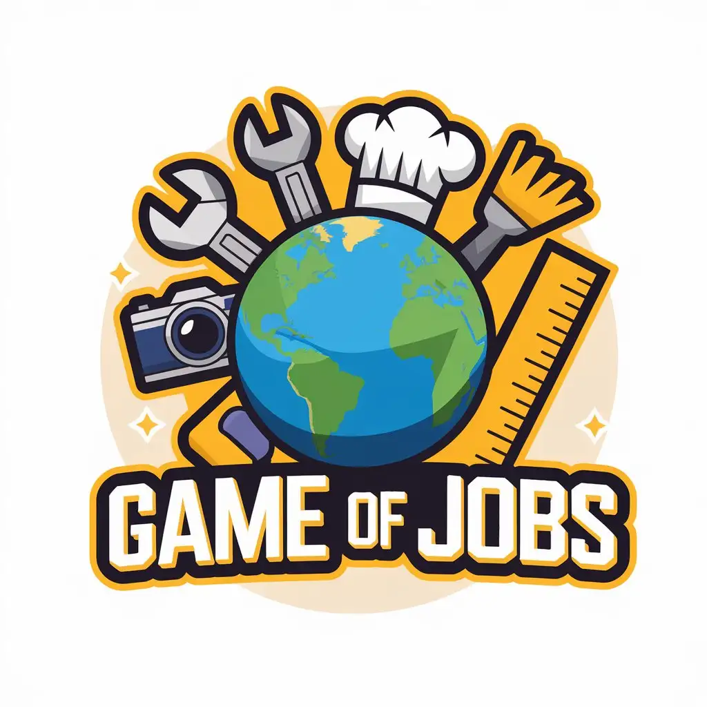 LOGO Design for Game of Jobs Earth Globe with Job Tools Camera Wrench Chefs Hat Ruler and Brush