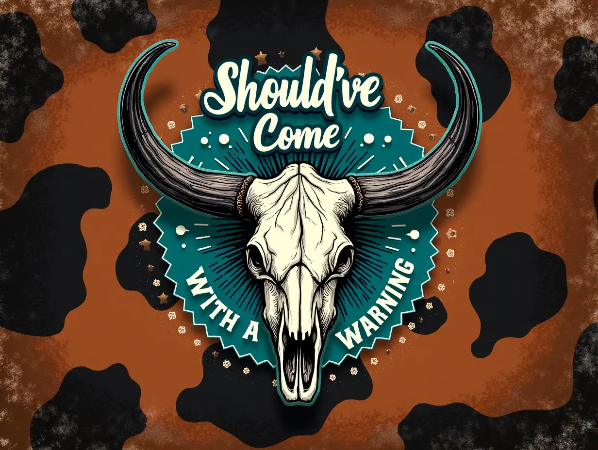 vintage-style. Illustrate a vibrant and textured background resembling cowhide, featuring rich shades of brown, black, and turquoise. Centered in this dynamic setting is a striking graphic that incorporates a stylized bull skull, accentuating its prominent horns. The skull is intricately designed with a hint of turquoise, surrounded by a patterned element resembling cow spots. Above the skull, in an elegant and flowing script, the phrase 'Should've Come' is written, while the words 'WITH A WARNING' are displayed in bold, eye-catching letters below. Overall, convey a tone that combines rustic charm with a contemporary feel, emphasizing the playful yet edgy nature of the design. Use a hyperrealistic aesthetic that highlights the textures and colors, making the image pop.