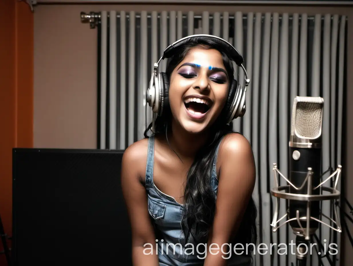 an indian girl with makeup head phone and infront of a condenser mic in a music singing studio she is very happy and laughing