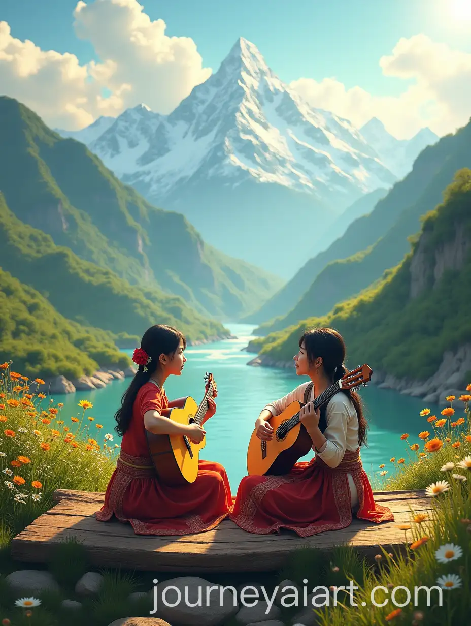 Girls-Playing-Acoustic-Guitars-in-Nepalese-Landscape-with-Majestic-Himalayan-Peaks