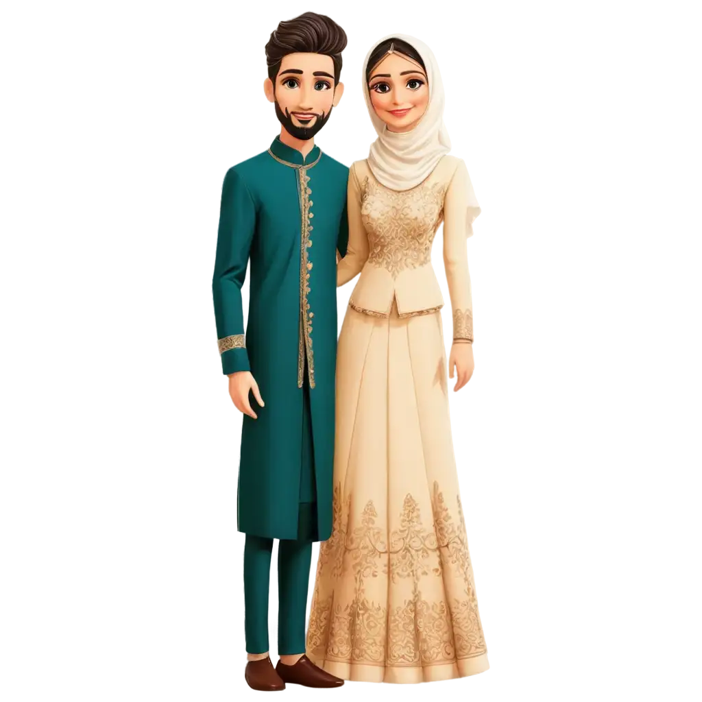 Muslim-Wedding-Couple-Cartoon-PNG-Sherwani-and-Lehenga